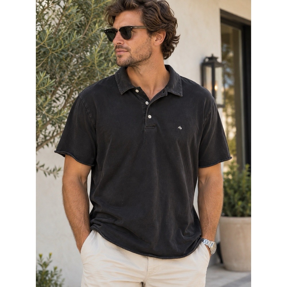 Rag & Bone Men's XL Black Slub Polo Shirt Distressed Raw Edge Embroidered Logo